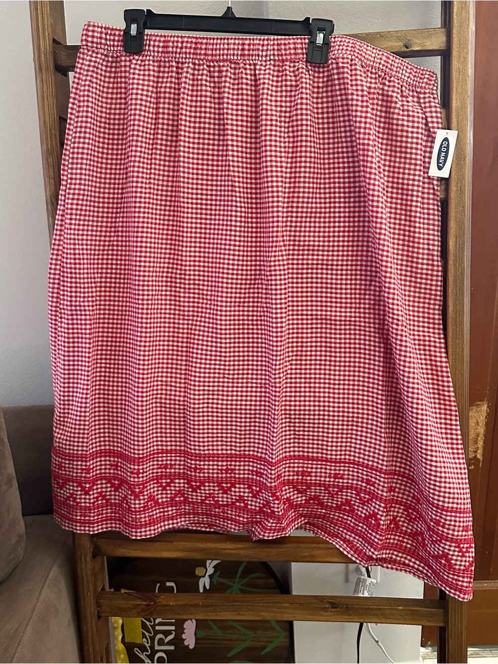 Old Navy Red Gingham Midi Skirt with Embroidered Hem